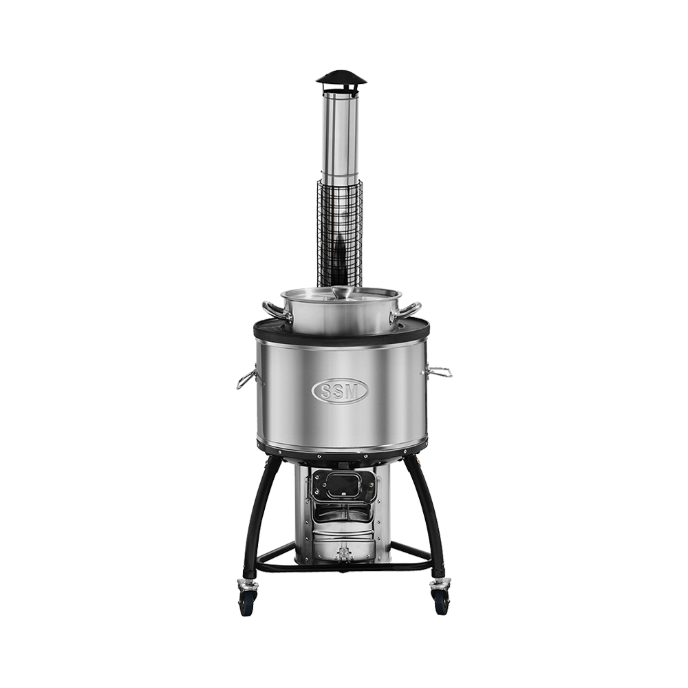 M55-2 institutional cookstove with a large-capacity pot, designed for high-volume meal preparation in schools, hospitals, or refugee camps.