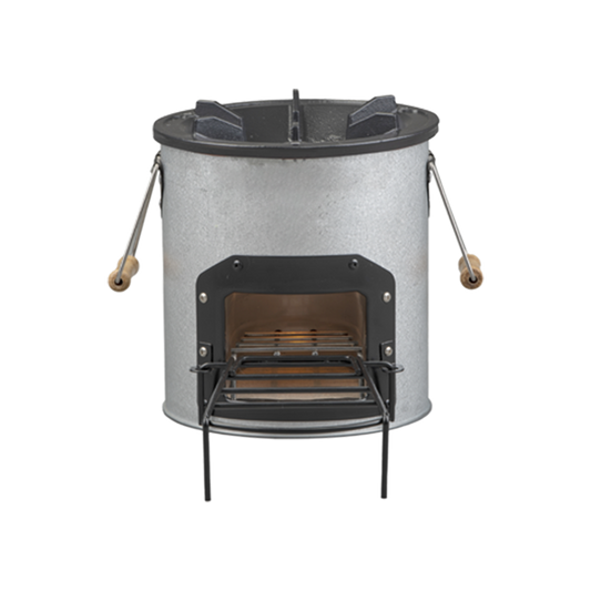 A front-facing view of the S24-11 firewood stove, showing the fuel loading door, sturdy carrying handles, and integrated support rack.