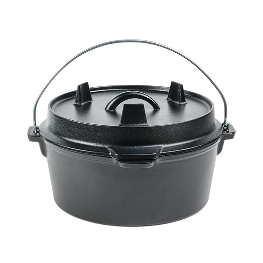Pre-seasoned 2-in-1 cast iron Dutch oven with dual-purpose skillet lid and loop handles for outdoor camping cooking.