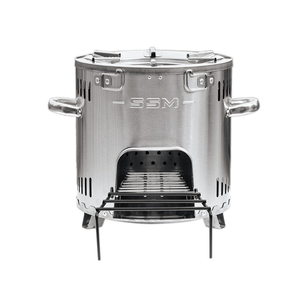 Front view of the S26-11E, a small, exquisite, and fuel-efficient clean cook stove made of stainless steel.