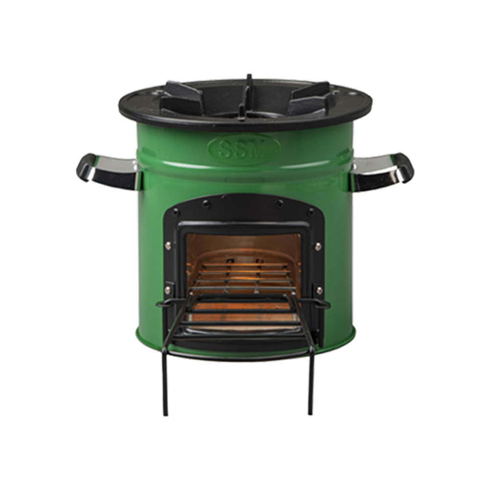 Front-facing view of the green S26-13 clean cook wood stove, showcasing the stick support rack designed to help firewood burn fully.