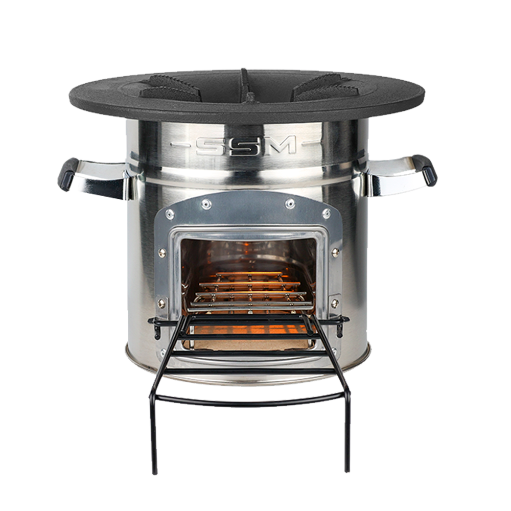 Front view of the S32-X clean cook stove, a scientifically designed unit that uses wood, straw, and biomass fuel to ensure powerful firepower and reduced emissions.