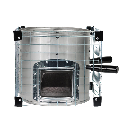 A front view of the Baldwin Stove featuring a protective outer mesh enclosure to prevent accidental scalding during use.