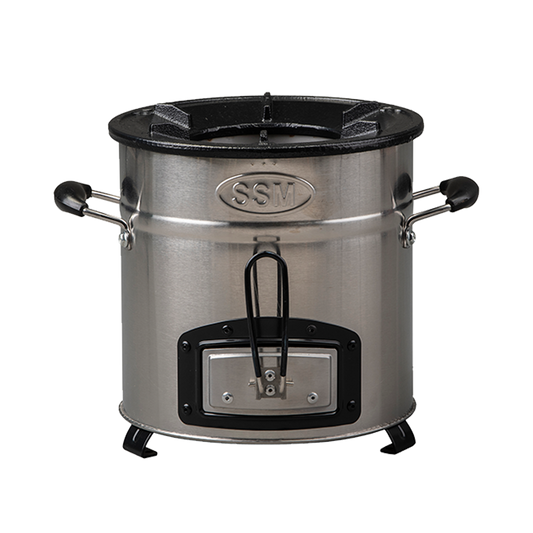 High-efficiency C26-23MAX stainless steel charcoal stove with a secondary air combustion chamber that reduces fuel consumption by 68%.