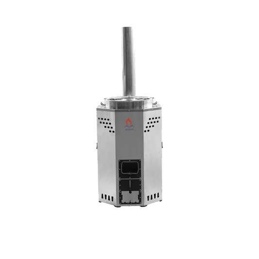 An SSM stainless steel institutional biomass stove featuring a built-in vertical chimney against a transparent background.