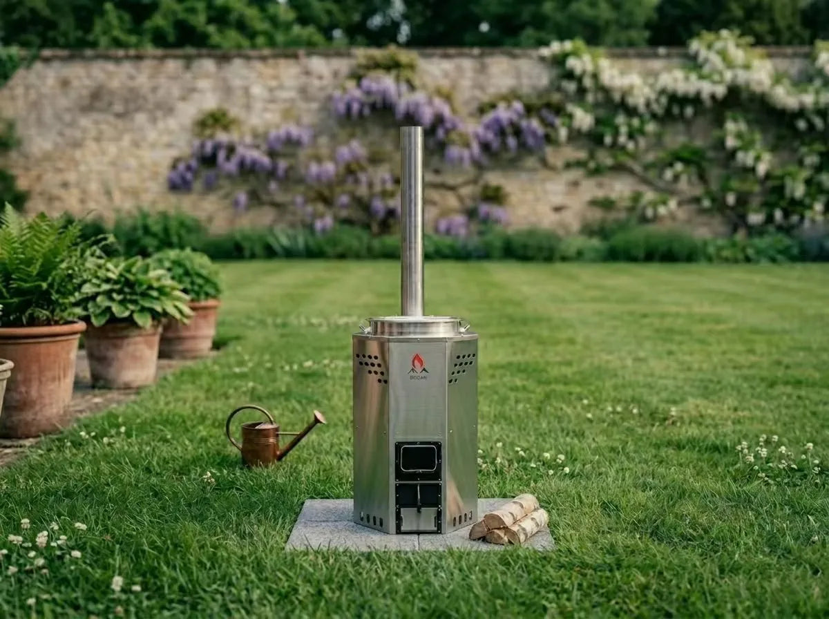 SSM's institutional stove series, featuring a heavy-duty stainless steel rocket stove with a tall chimney, displayed in a spacious garden setting.