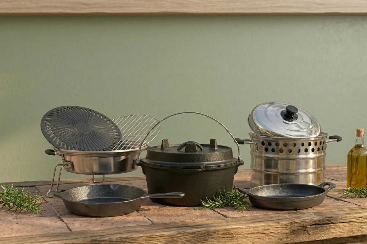 A complete collection of SSM stove accessories, featuring versatile cast iron cookware and multi-tier stainless steel steaming pots designed for stoves.