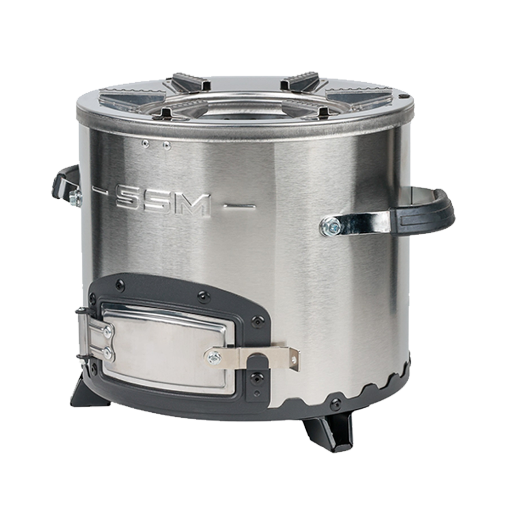 Three-quarter side angle of the C26-10B stainless steel charcoal stove, highlighting the heavy-duty metal fuel door and stable support legs that deliver 46% thermal efficiency.
