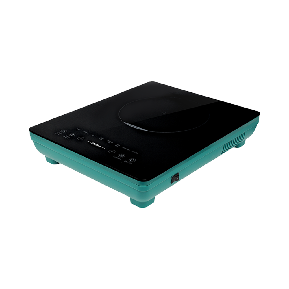Three-quarter angle view of the SSM induction cooktop, showcasing its sleek black panel and compact, durable design.