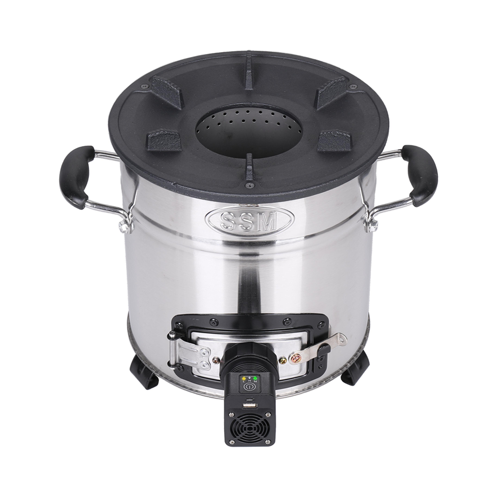 Front view of the F-18 outdoor fan stove showing the durable cast iron top and electronic airflow control unit.