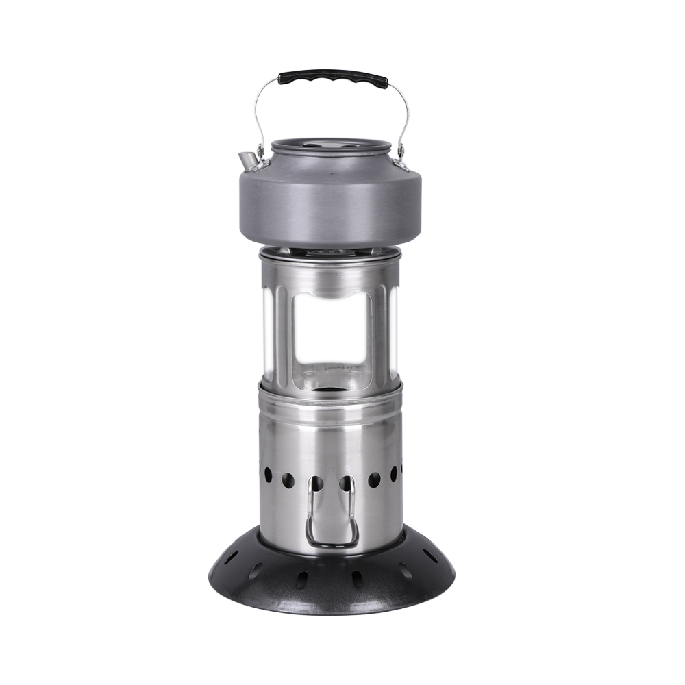 Side view of the Lantern stove with a kettle on top, demonstrating its compact hybrid design for outdoor use.