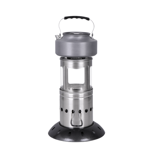 Side view of the Lantern stove with a kettle on top, demonstrating its compact hybrid design for outdoor use.