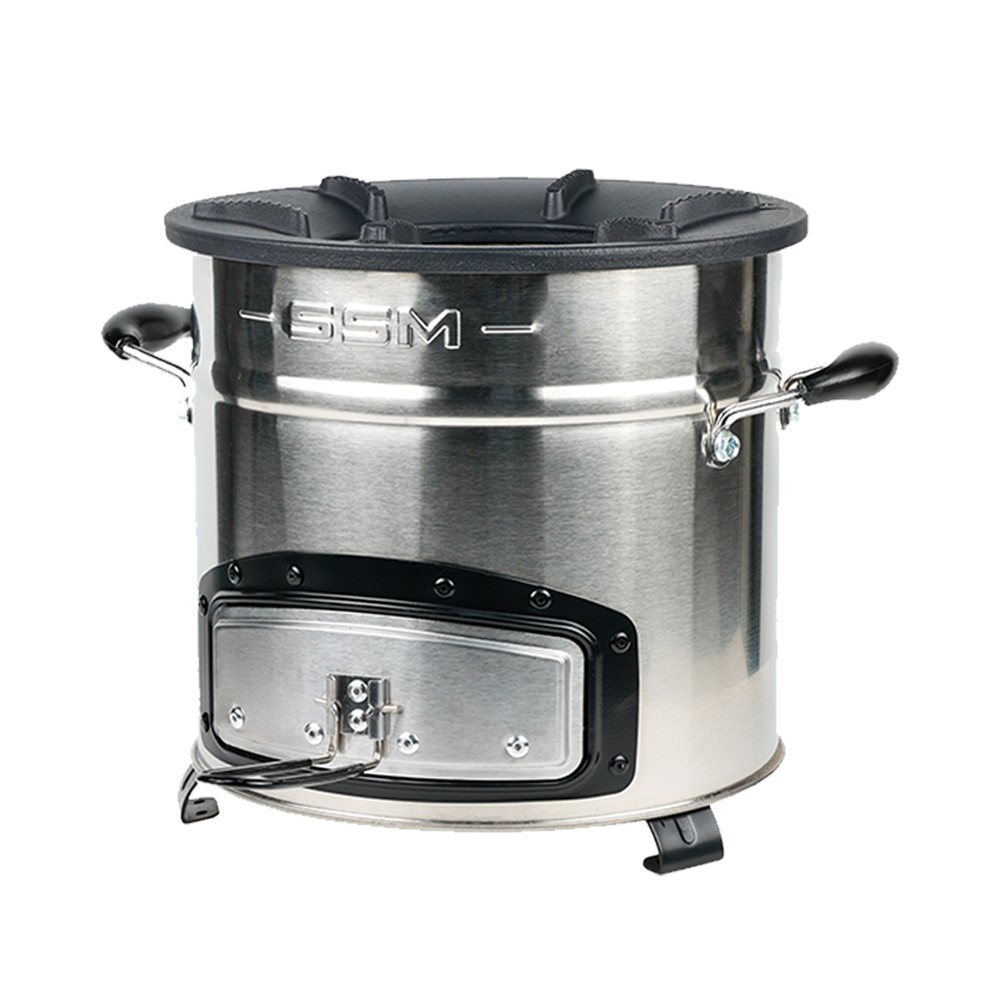 Three-quarter profile of the C28-23MAX charcoal stove, showcasing the secondary air combustion design that makes it the fastest and most efficient cooking stove on the market.