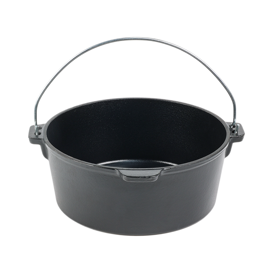 Deep cast iron Dutch oven base without lid, showing heavy-duty interior and sturdy wire bail handle for campfire stews.