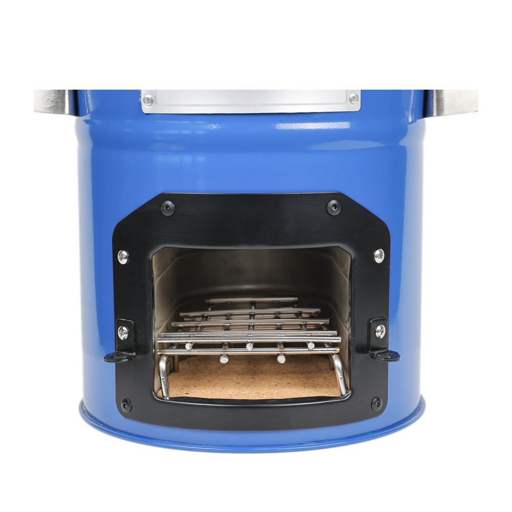 Close-up of the S28-X stove with the fuel door open, emphasizing its performance capabilities, including 50.1% thermal efficiency and a 70% reduction in toxic emissions.