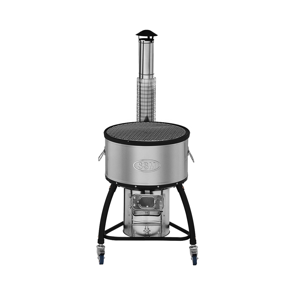 M55-1 energy-efficient cookstove featuring a durable mobile design with 3 wheels and dual handles for effortless transport.