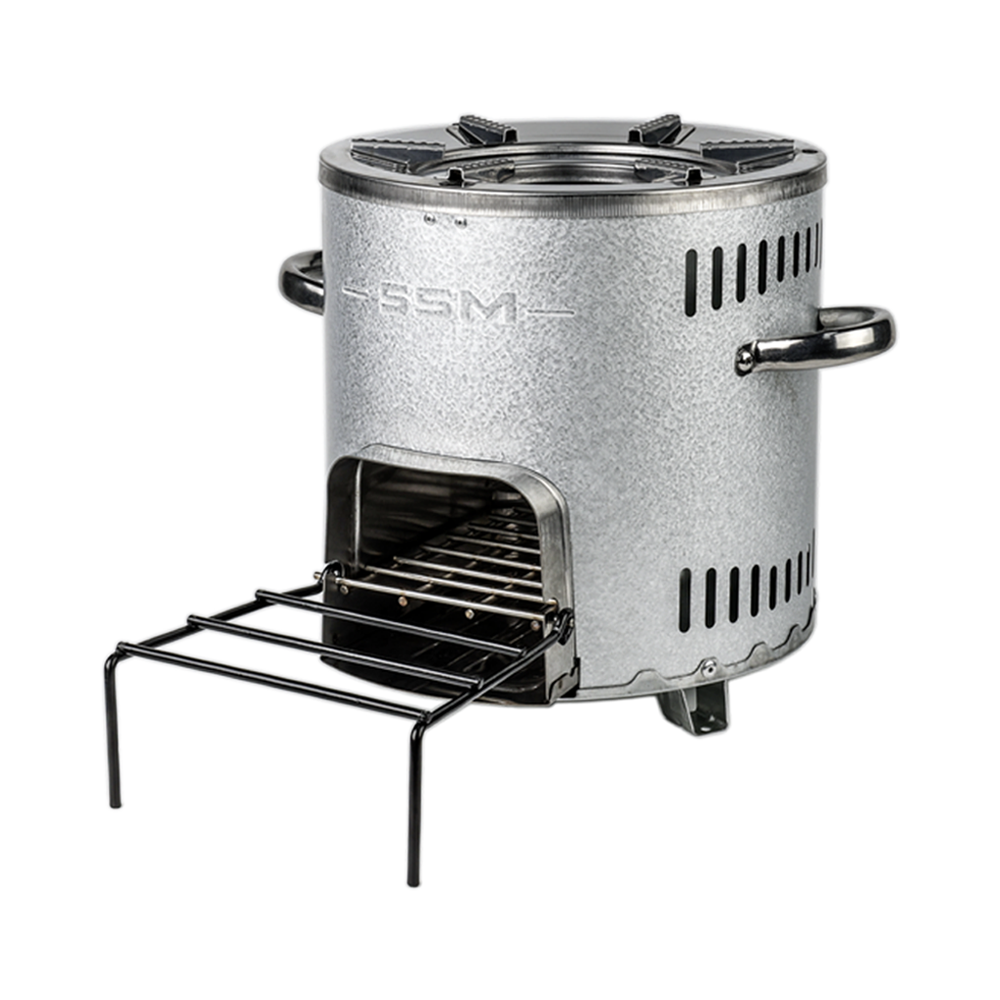 Side profile of the S26-11E stove, highlighting the ventilation slots on the side housing and the fuel intake design.