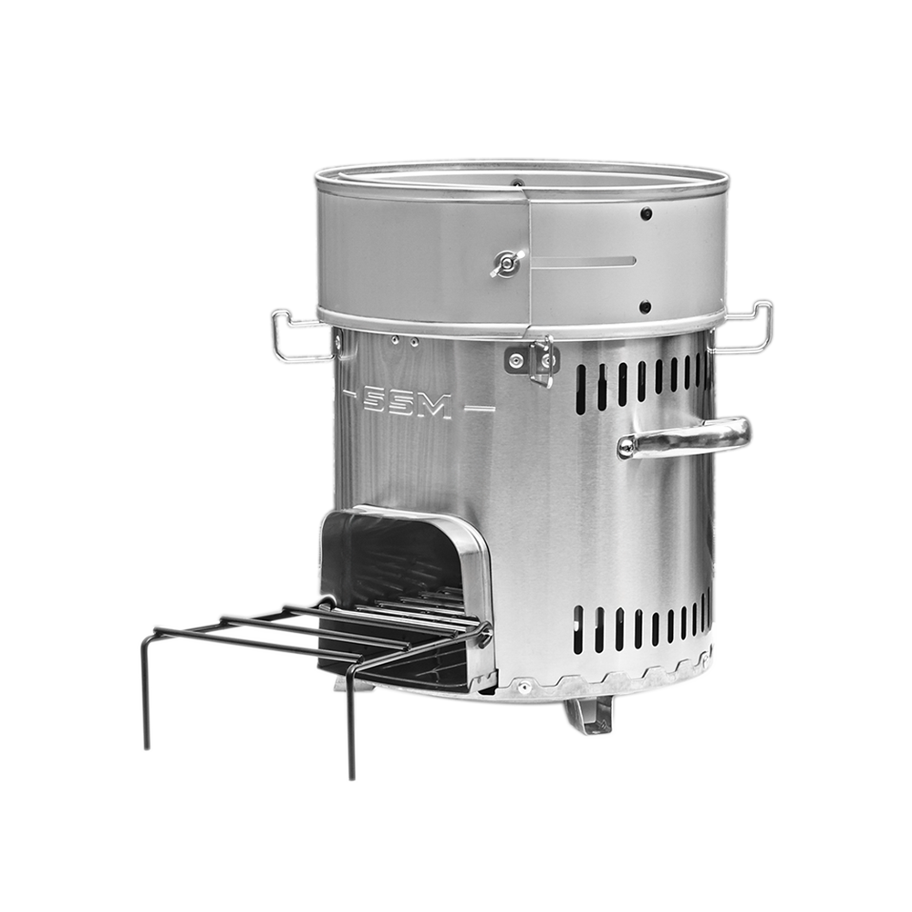 Side profile of the S26-11E wood stove, highlighting its durable construction and suitability for various types of firewood, straw, and biomass fuel.