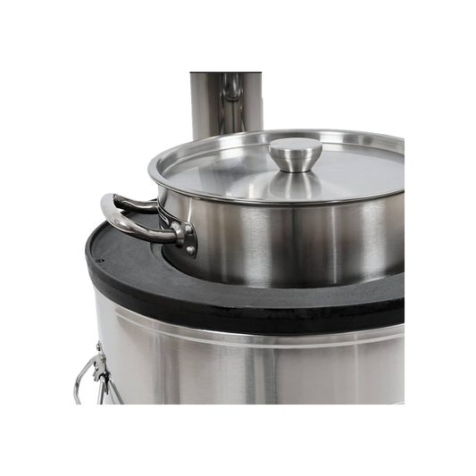 Close-up view of the M55-2 institutional stove showcasing the pot integration for efficient, large-scale cooking.