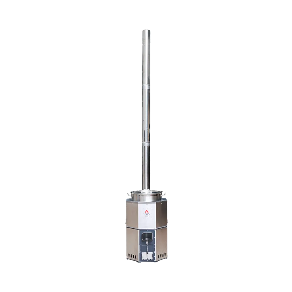 Full view of an SSM high-capacity institutional stove with an extended 3-meter chimney against a transparent background.