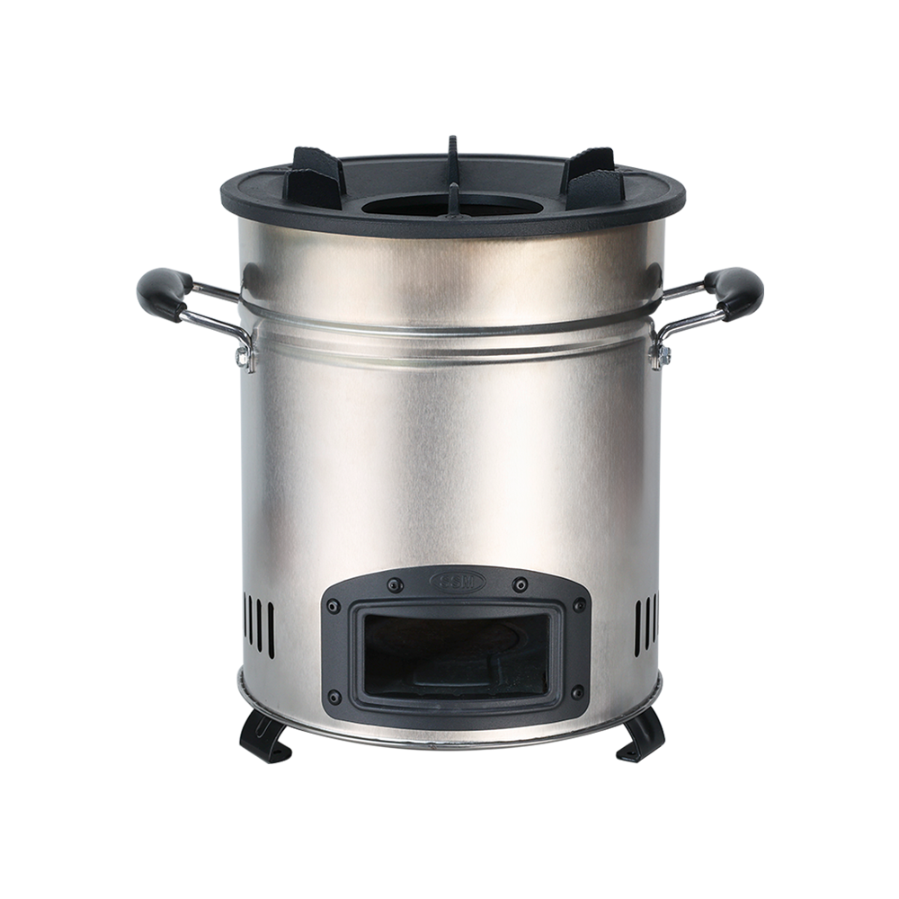 Front view of the P-18 pellet stove, highlighting the fuel intake opening and robust construction.