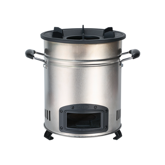 Front view of the P-18 pellet stove, highlighting the fuel intake opening and robust construction.