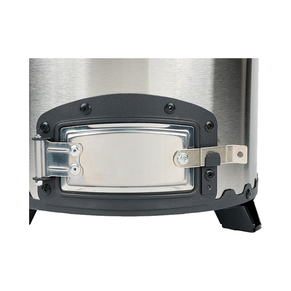 Close-up view of the reinforced stainless steel fuel door latch mechanism on the C26-10B charcoal stove, designed to seal the chamber and reduce fuel consumption by 46%.