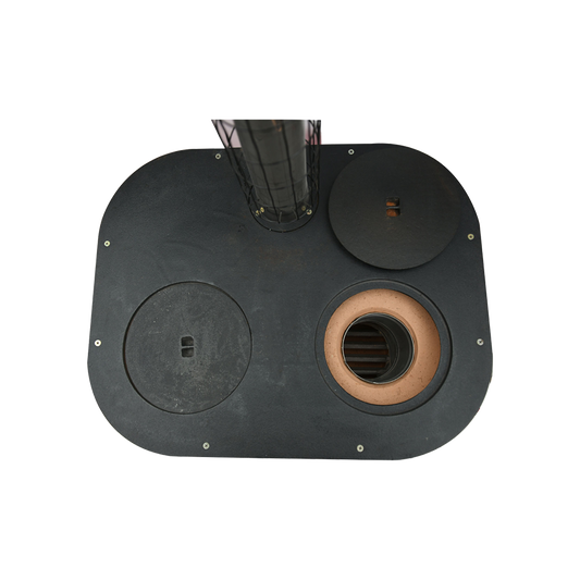 Top-down view of the M45 dual stove, highlighting the cast iron surface and combustion chamber access.