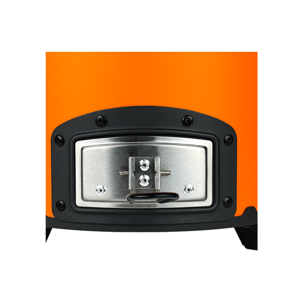 Close-up view of the stainless steel front door on the orange C26-12 charcoal stove, highlighting the secure latch system for smokeless and time-saving household cooking.
