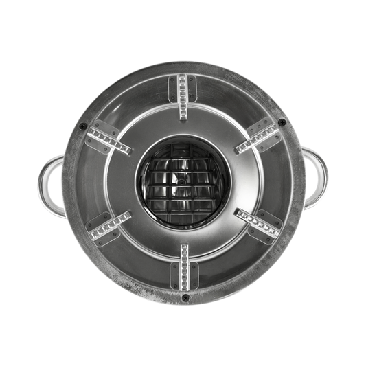 A top-down perspective of the S26-11E, illustrating the circular design with integrated stick support system that allows for efficient biomass burning.
