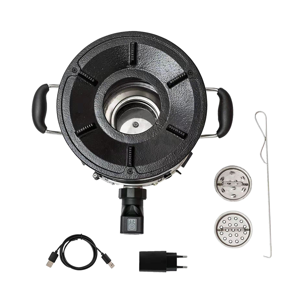 Top-down view of the F-18 fan stove, including the stove body, internal combustion components, and power accessories.