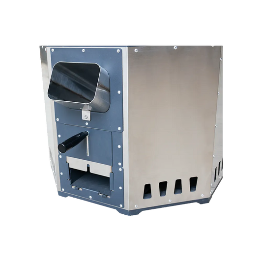 Close-up of the main body and fuel feed door of the SSM stainless steel institutional stove.