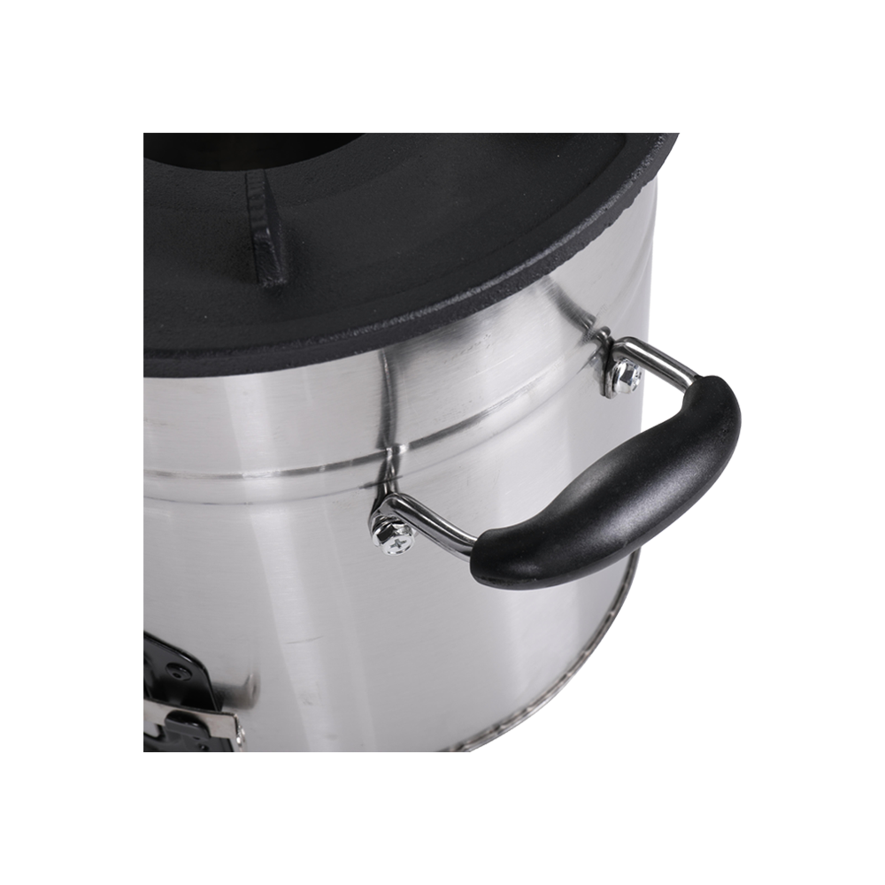 Detailed view of the F-18 fan stove's ergonomic handle and high-quality stainless steel construction.