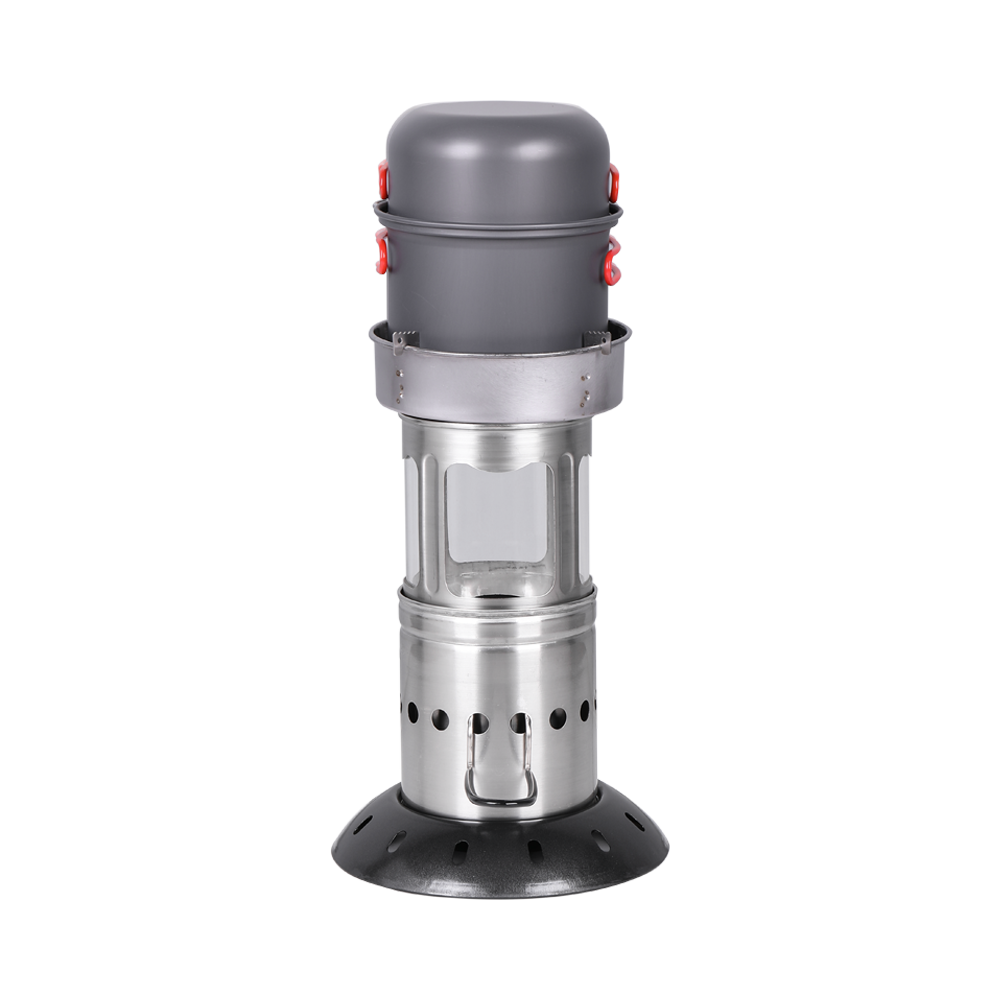 The Lantern stove set up with cooking equipment, showcasing its lightweight and functional construction.