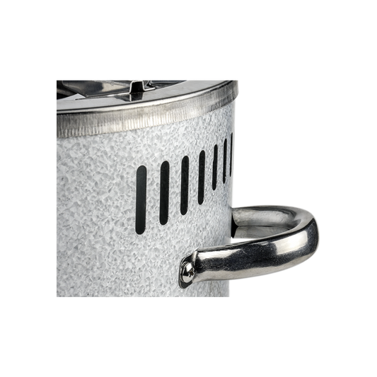 A detail view showing the side ventilation slits and one of the sturdy handles on the S26-11E aluminized zinc stove.