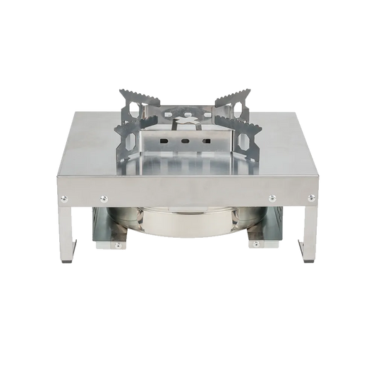 Low-angle view of the ES320 single burner stove, displaying its compact stainless steel framework, durable rivet construction, and integrated pull-out fuel canister design.