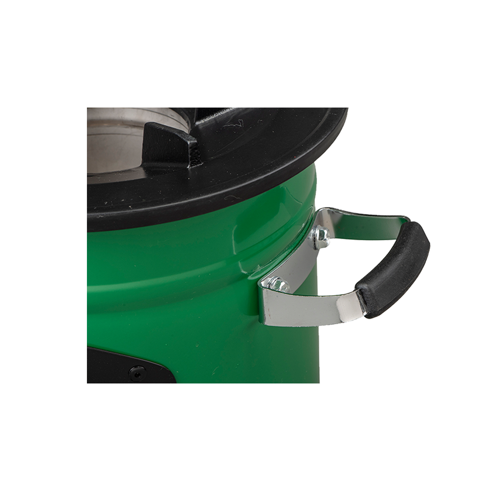 Detailed view of the sturdy handle and side finish of the green S26-13 stove.