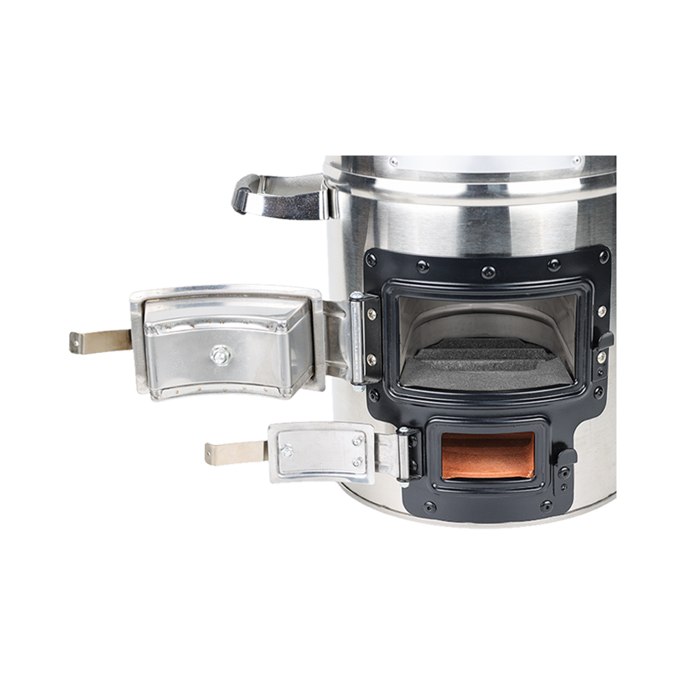 Close-up of the S26-23 stove with the fuel loading door open, emphasizing its environmentally friendly and sustainable combustion design.