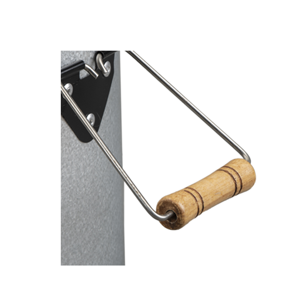Detail view of the S24-11 stove's durable wooden handle, designed for comfortable and safe transport.