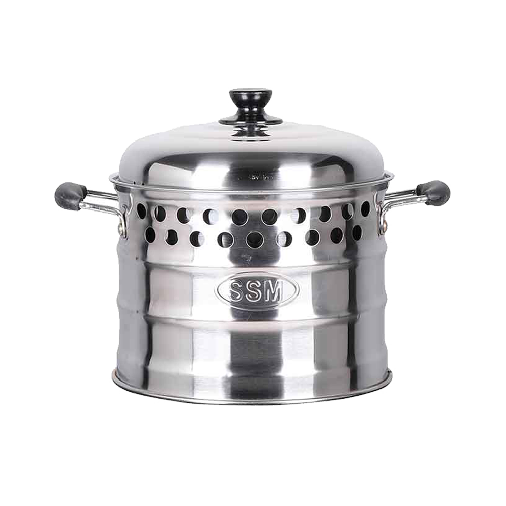 Front profile view of the closed SSM stainless steel Super Pot with lid, featuring side handles and outstanding heat conduction that boils water up to 50% faster.