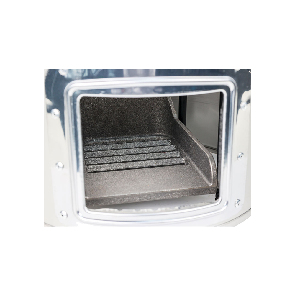 A close-up view of the Baldwin Stove's interior firebox and grate, designed for high thermal efficiency.