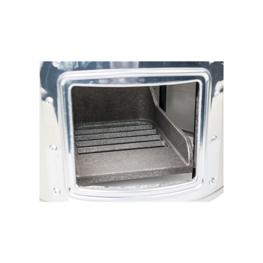 A close-up view of the Baldwin Stove's interior firebox and grate, designed for high thermal efficiency.