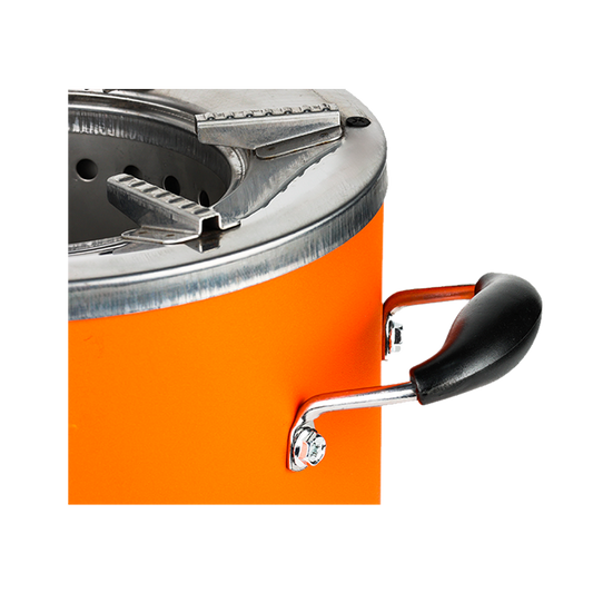 Close-up view of the sturdy side handle and top rim of the orange C26-12 charcoal stove, showing the built-in pot supports and clean cook design.