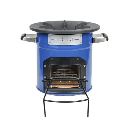Front view of the blue S28-X clean cook stove, designed for biomass, straw, and wood fuel, featuring high thermal efficiency and environmental protection.