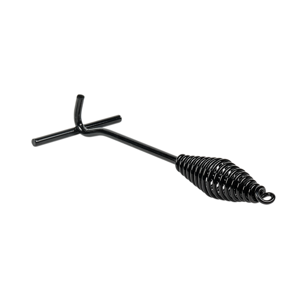 Heavy-duty black steel Dutch oven lid lifter tool with a cool-touch spiral spring handle for campfire safety.