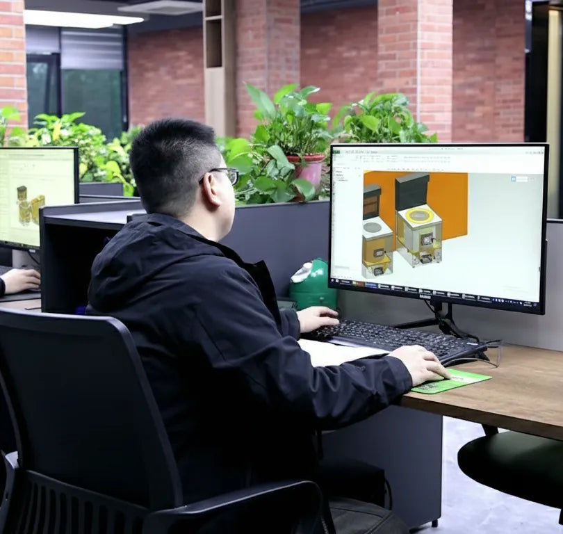 An image of a product design process at a computer workstation, featuring a designer focused on creating a 3D model of a stove and fireplace unit on a monitor in a modern office.