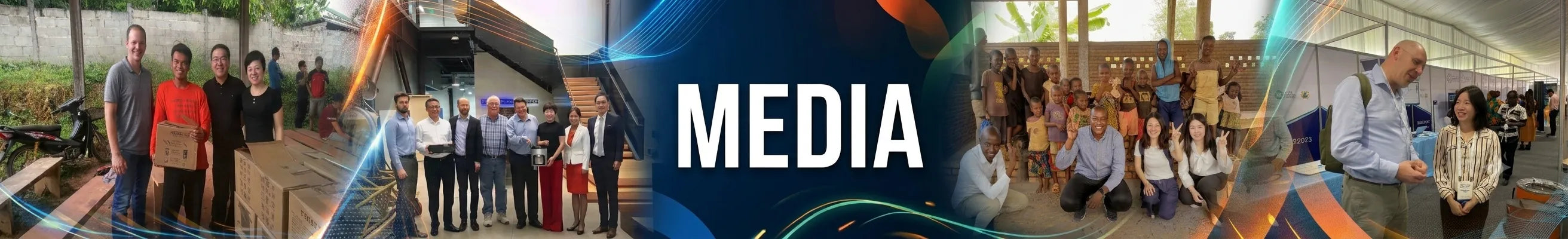A panoramic banner for the SSM newsroom page featuring the word "MEDIA" in the center, flanked by a collage of photos showcasing team members, clean cookstove deployments, factory operations, and international community engagements.