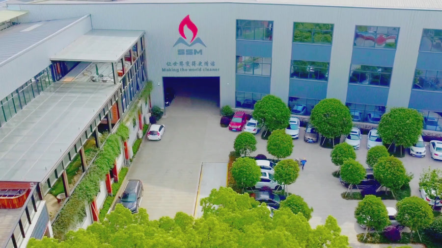 An aerial view and video of the SSM factory facility, showcasing various production workshops, R&D departments, and core clean energy stove products.